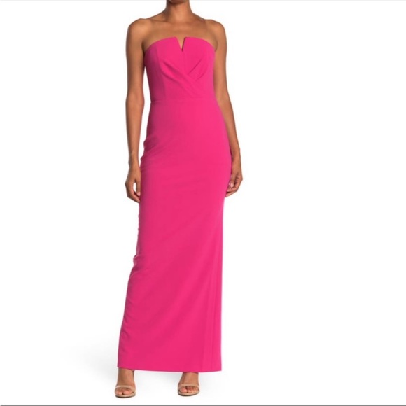 Calvin Klein Split V Notch Strapless Crepe Formal Maxi Dress Hibiscus Pink 4 NWT - Picture 9 of 9
